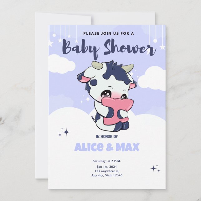 Invitación Baby Shower en la nube blanca morada de vaca azul (Anverso)