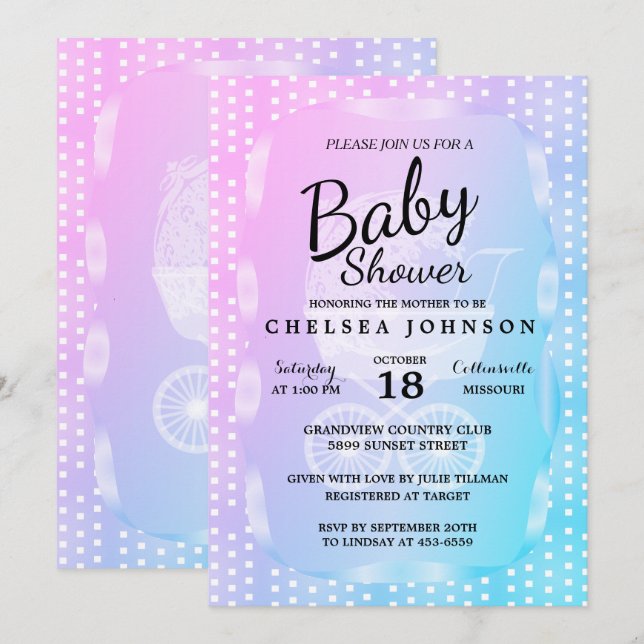 Invitación Baby Shower 👶 en rosa degradado, morado y azul (Anverso / Reverso)