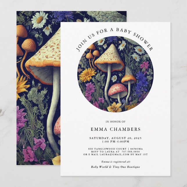 Invitación Baby Shower encantado de los hongos de Woodland (Anverso / Reverso)