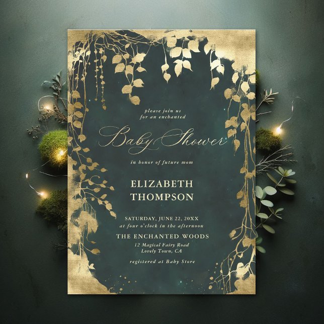 Invitación Baby Shower encantado Forest Gold Frame Green (Enchanted Forest Emerald Green Draped Greenery Frame Modern Calligraphy Neutral Baby Shower Invite)