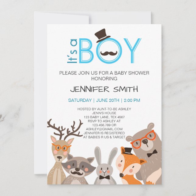 Invitación Baby Shower es boy Invitation woodland Blue (Anverso)