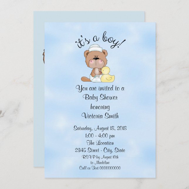 Invitación Baby Shower es un chico Teddy Bear (Anverso / Reverso)