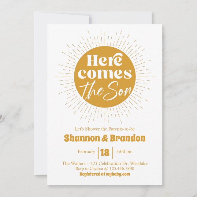 Invitación Baby Shower, es un chico, un sol, un retro (Anverso)