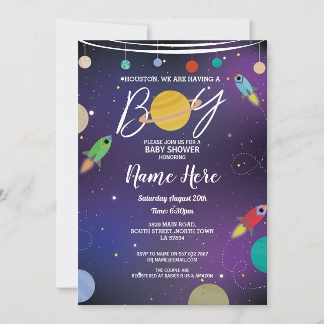 Invitación Baby Shower es un cohete Fiesta de galaxia espacia (Anverso)