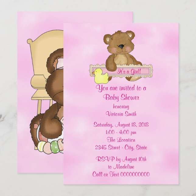 Invitación Baby Shower es un oso de peluche del chica (Anverso / Reverso)