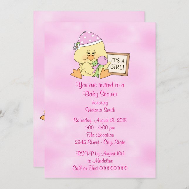 Invitación Baby Shower es un pato del bebé del chica (Anverso / Reverso)