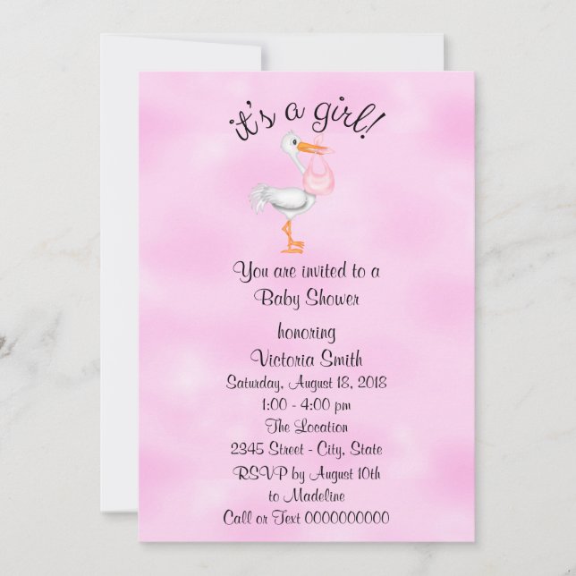 Invitación Baby Shower es una cigüeña de bebé Chica (Anverso)