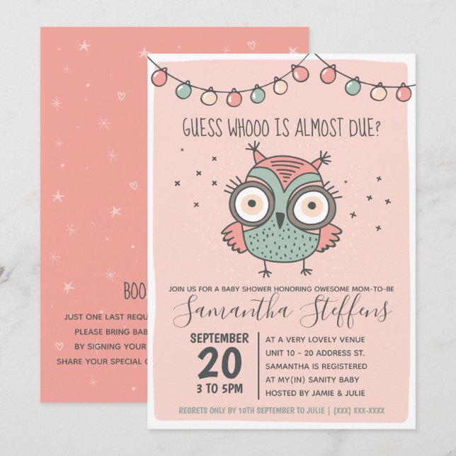 Invitación Baby Shower escandinavo rosado que se debe a búho (Anverso / Reverso)