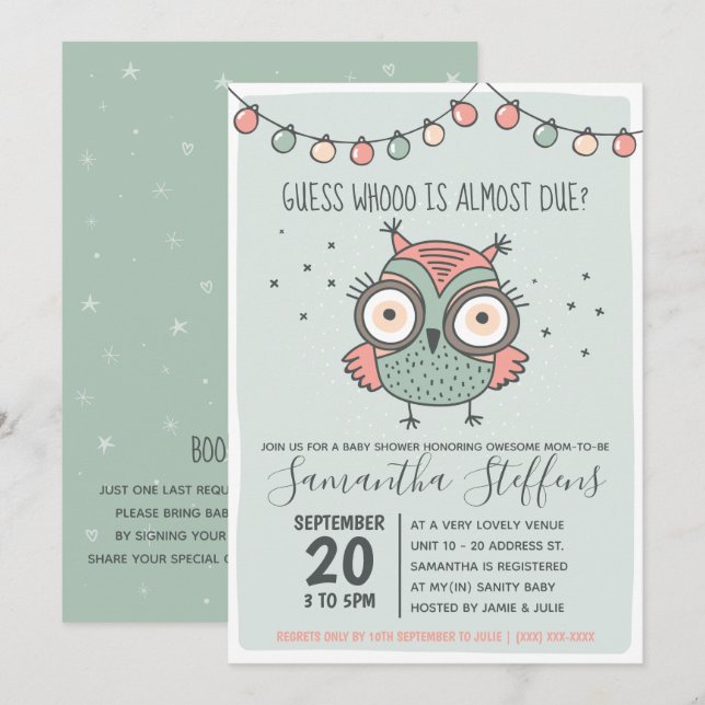 Invitación Baby Shower escandinavo verde que es debido a búho (Anverso / Reverso)