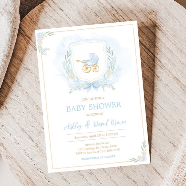 Invitación Baby Shower Escudo de color azul (Blue Gold Carriage Crest Baby Shower Invitation)