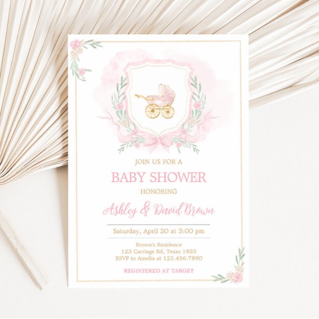Invitación Baby Shower Escudo de color de agua rosa (Pink Gold Carriage Crest Baby Shower Invitation)