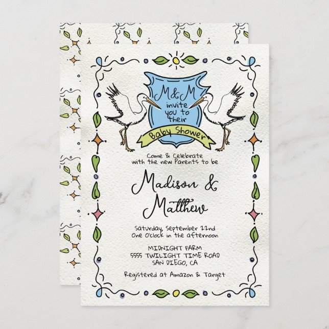 Invitación Baby Shower, Escudo de la cigüeña caprichosa (Anverso / Reverso)