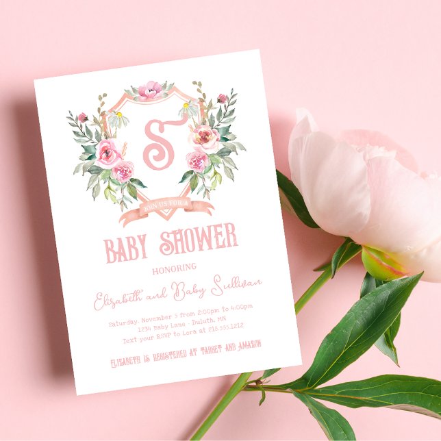 Invitación Baby Shower Escudo de monograma floral rosa acuare (Subido por el creador)