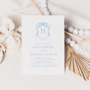 Invitación Baby Shower Escudo Monograma Blue Bow