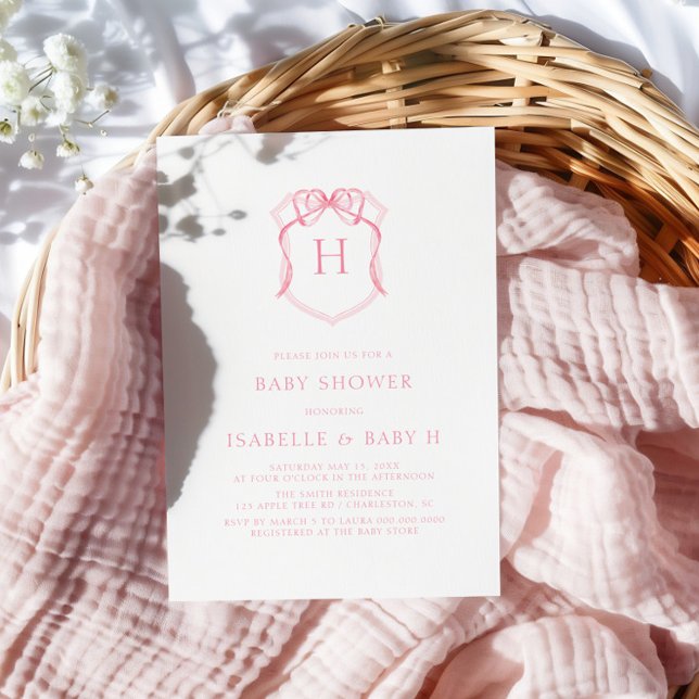 Invitación Baby Shower Escudo monograma de arco rosado (Subido por el creador)