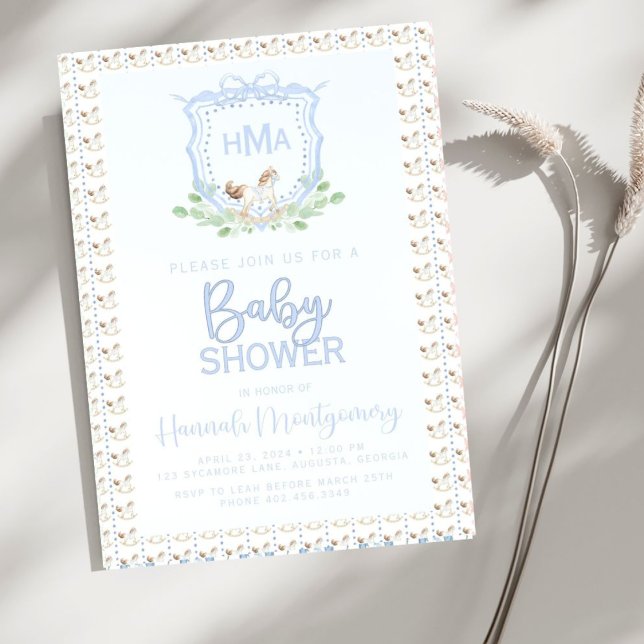 Invitación Baby Shower Escudo Monograma de Caballo Rodante (Subido por el creador)