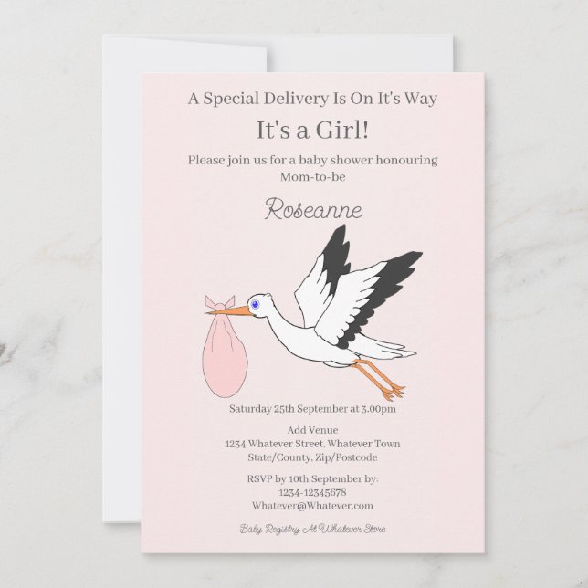 Invitación Baby Shower especial de la chica de la cigüeña de  (Anverso)