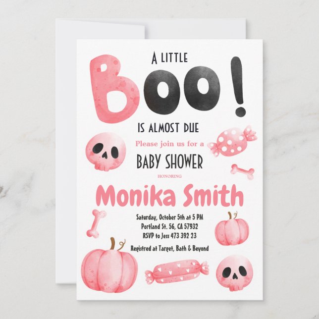 Invitación Baby Shower espeluznante de Halloween rosa (Anverso)