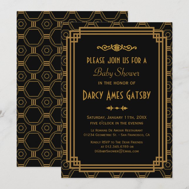 Invitación Baby Shower estilo Art Deco negro invita (Anverso / Reverso)