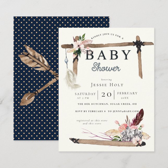 Invitación Baby Shower estilo Boho occidental (Anverso / Reverso)