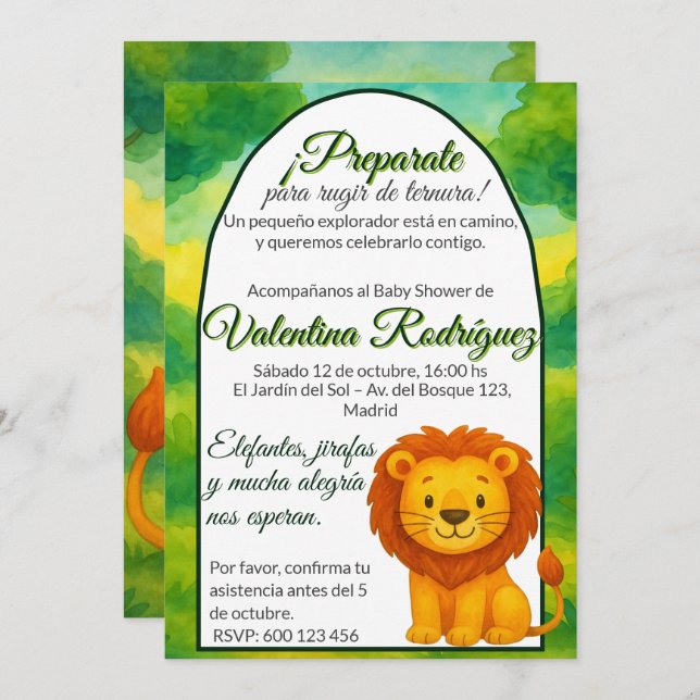 Invitación Baby Shower estilo Safari Editable con león kawaii (Anverso / Reverso)