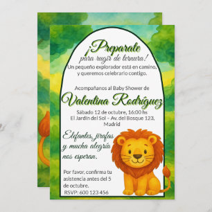 Invitación Baby Shower estilo Safari Editable con león kawaii