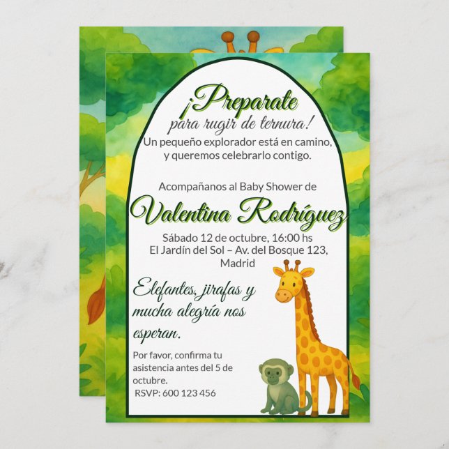 Invitación Baby Shower estilo Safari Editable jirafa mono (Anverso / Reverso)