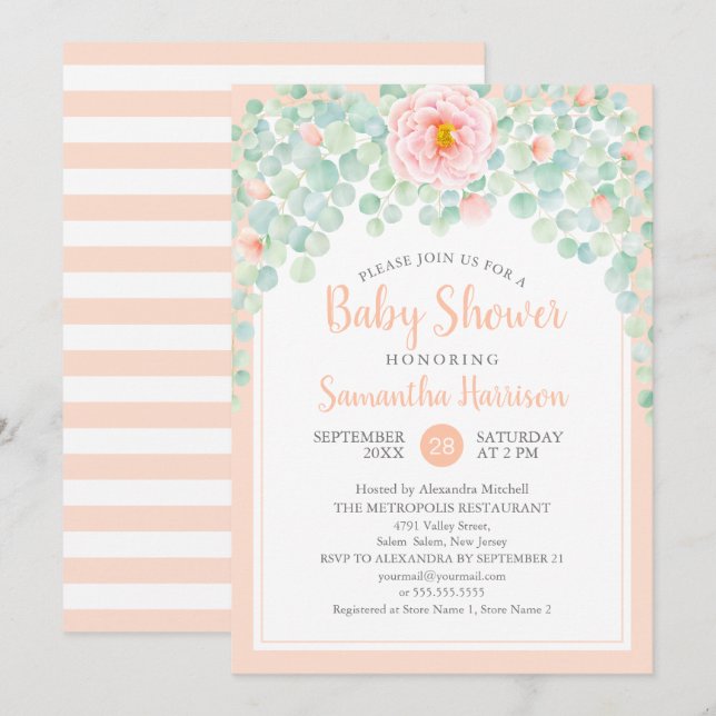 Invitación Baby Shower Eucalyptus Foliage Floral Peach Sage (Anverso / Reverso)
