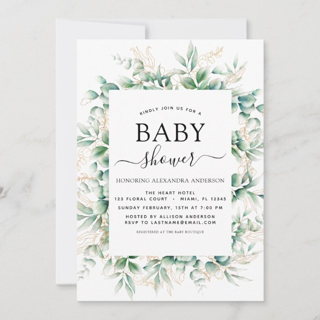 Invitación Baby Shower Eucalyptus Geométrico Botánico (Anverso)
