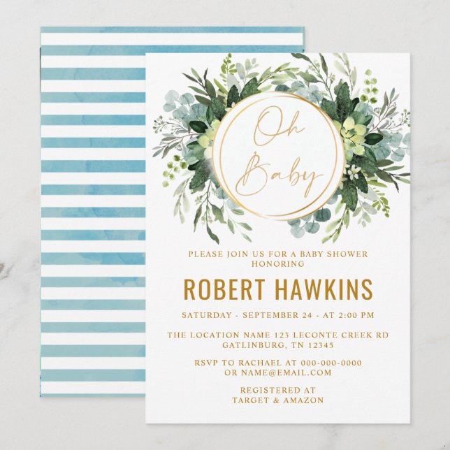 Invitación Baby Shower Eucalyptus Gold (Anverso / Reverso)
