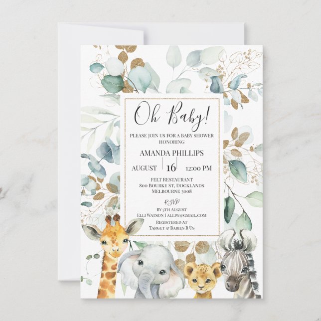 Invitación Baby Shower Eucalyptus Gold Safari Animales (Anverso)