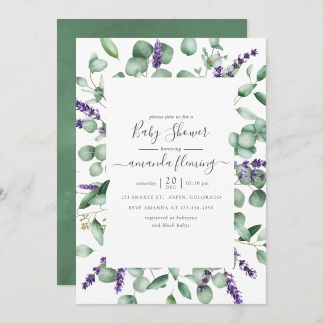 Invitación Baby Shower Eucalyptus Lavender Greenery (Anverso / Reverso)