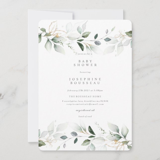 Invitación Baby Shower Eucalyptus Watercolor Gold (Anverso)