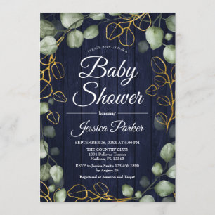 Invitación Baby Shower Eucalyptus Wreath Navy Wood