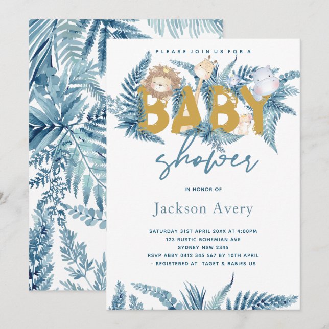 Invitación Baby Shower exótico de animales de Safari (Anverso / Reverso)