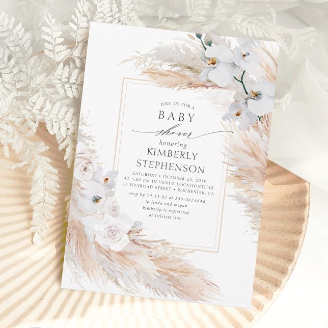 Invitación Baby Shower exótico de gramíneas y orquídeas blanc (Subido por el creador)