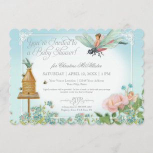 Invitación Baby Shower Fairy Garden Bebidas Dragonfly Rosa Ar