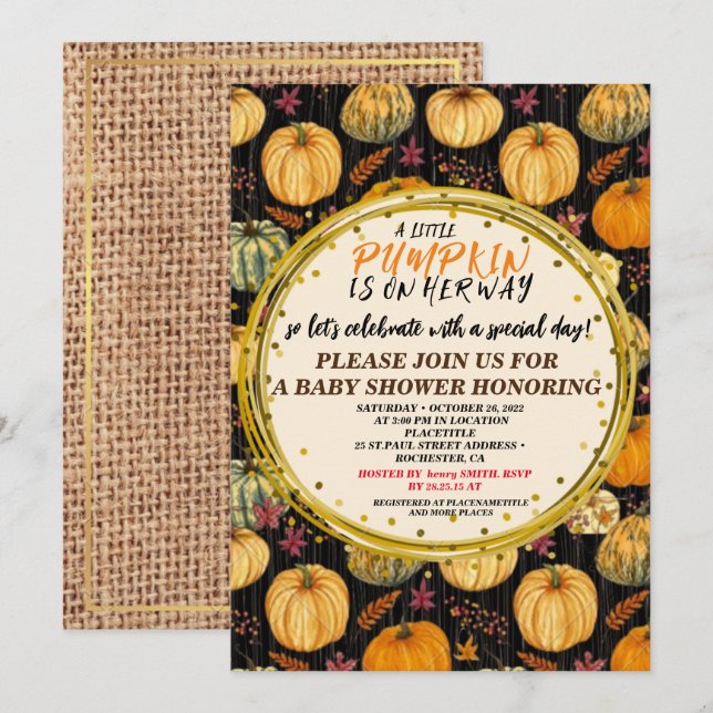Invitación Baby Shower Fall Pumpkin Rustic Burlap Wood unisex (Anverso / Reverso)