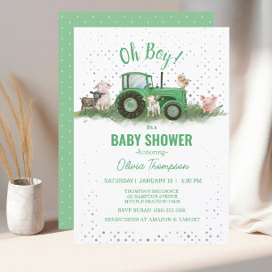 Invitación Baby Shower Farm Animals Green Tractor Boy