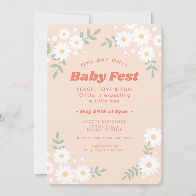 Invitación Baby Shower Festival de Música Daisy Flower Peach (Anverso)