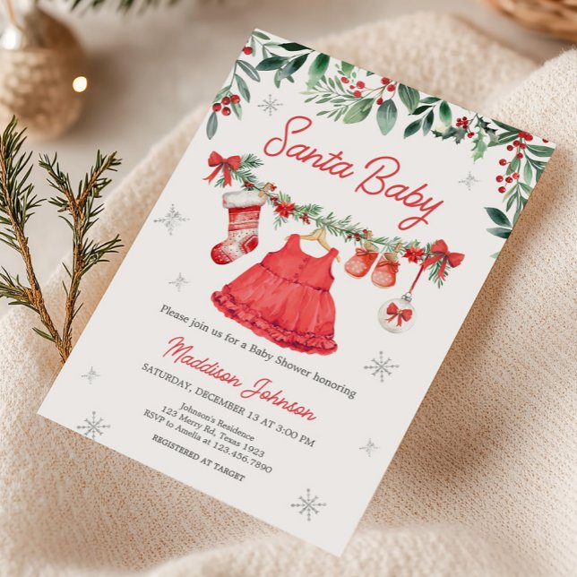 Invitación Baby Shower festivo por los Navidades de Red Santa (Santa Baby Clothesline Baby Shower Invitation)