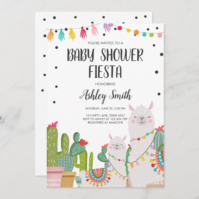Invitación Baby Shower Fiesta Cactus Llama Confetti (Anverso / Reverso)
