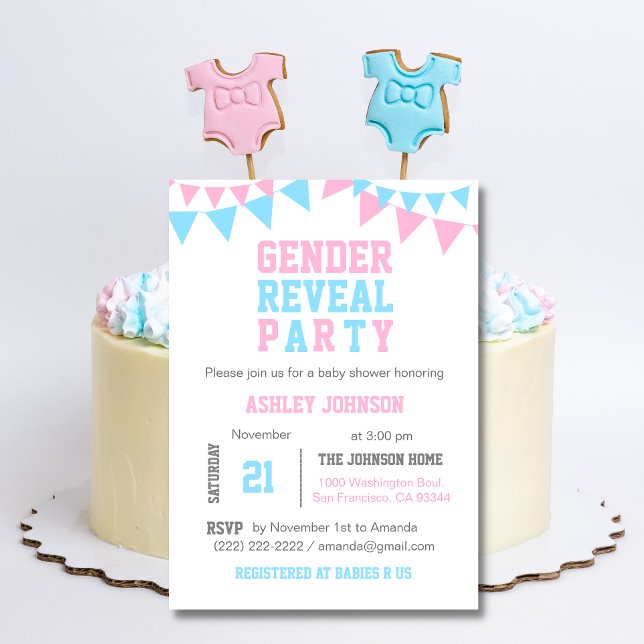 Invitación Baby Shower FIESTA de REVELACIÓN DE GÉNERO azul ro (Subido por el creador)
