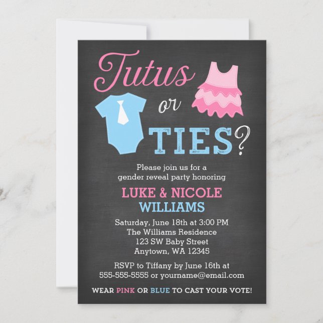 Invitación Baby Shower Fiesta de revelación de género Tutus o (Anverso)