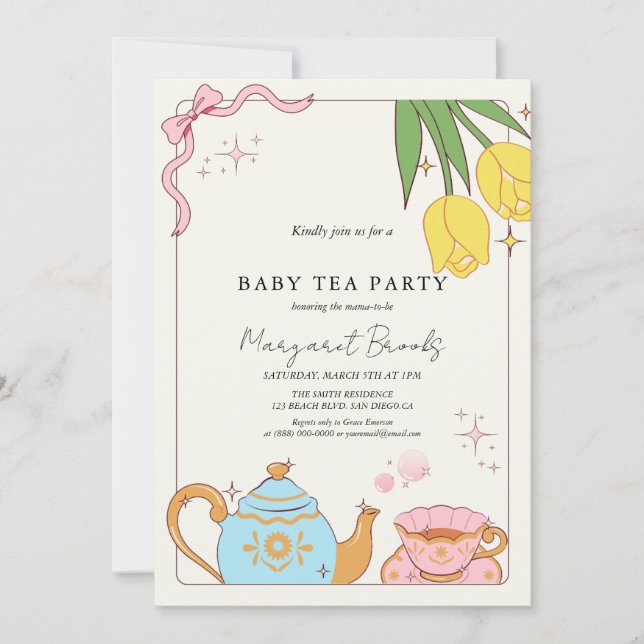 Invitación Baby Shower Fiesta de té amarillo rosado (Anverso)