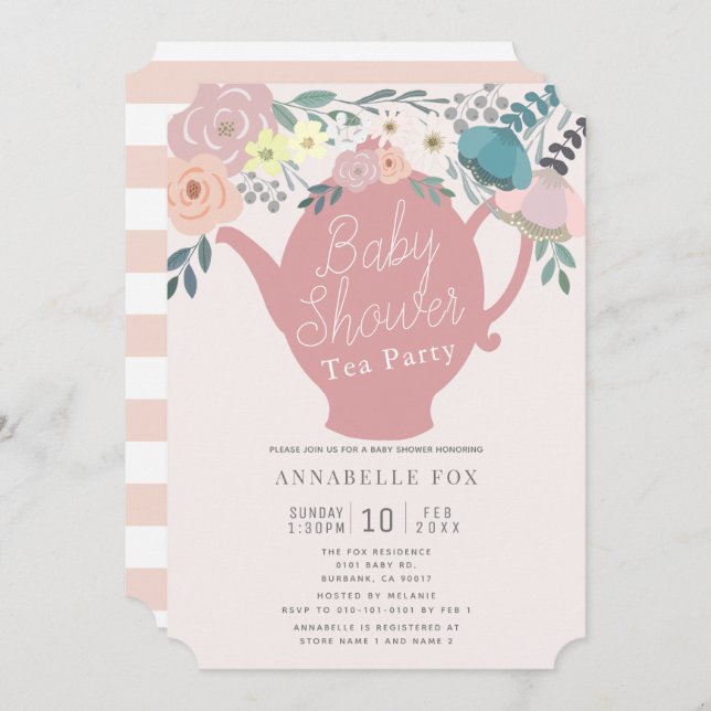 Invitación Baby Shower Fiesta de té de la tetera floral rosa (Anverso / Reverso)