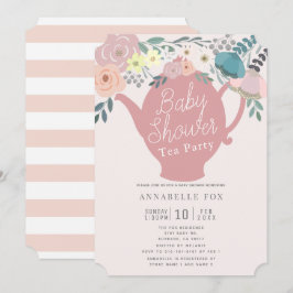 Invitación Baby Shower Fiesta de té de la tetera floral rosa