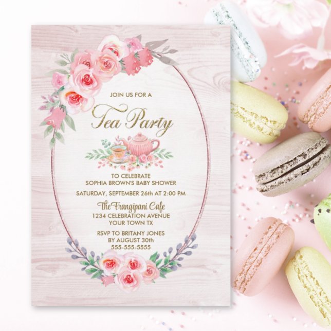 Invitación Baby Shower Fiesta de té de madera floral rosa (Subido por el creador)