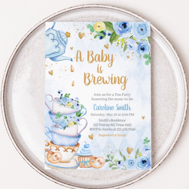 Invitación Baby Shower Fiesta de té floral azul (Tea Party Baby Shower Invitation)