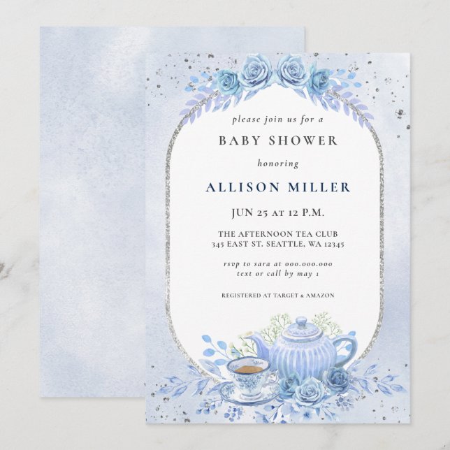 Invitación Baby Shower Fiesta de té floral azul ruso (Anverso / Reverso)